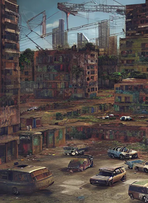 Image similar to slum, neighbourhood, some detailed peoples, some detailed cars, abandoned building, some detailed sewer rats, some clear graffiti, some clear protesting mural art, intricate, highly detailed, photorealistic, diffuse lighting, hdrp, pinterest, octane, smooth, textless, sharp focus, photo by anna forsterling, saul bromberger, yulia nevskaya