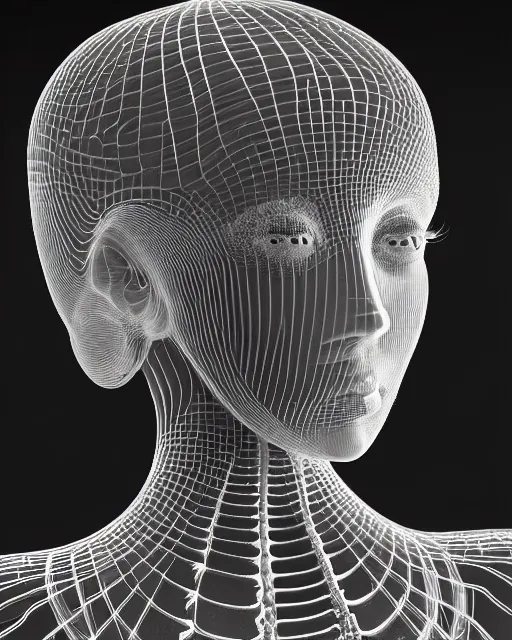 Image similar to mythical dreamy black and white organic bio-mechanical spinal ribbed profile face portrait detail of translucent steampunk beautiful female angelic-human-queen-vegetal-cyborg, highly detailed, intricate crystal jelly ornate, poetic, 3D render, digital art, octane render, 8K artistic photography, photo-realistic, by Dora Maar