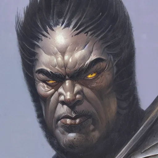 Image similar to head and shoulders portrait of a black samurai fire giant, d & d, fantasy, greg rutkowski, frank frazetta, alexandre chaudret, boris vallejo, michael whelan, miro petrov, hr giger, magali villeneuve, donato giancola