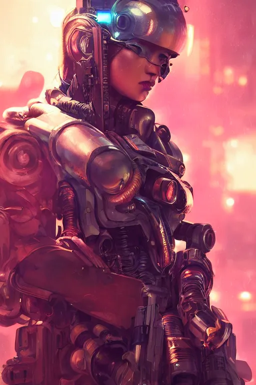 Image similar to beautiful portrait of a heavily armed cyborg mercenary girl, art by wlop and artgerm and liam wong, cyberpunk, neon, intricate details, trending on artstation, sharp focus, caustics, octane render, radiant light, 4 k