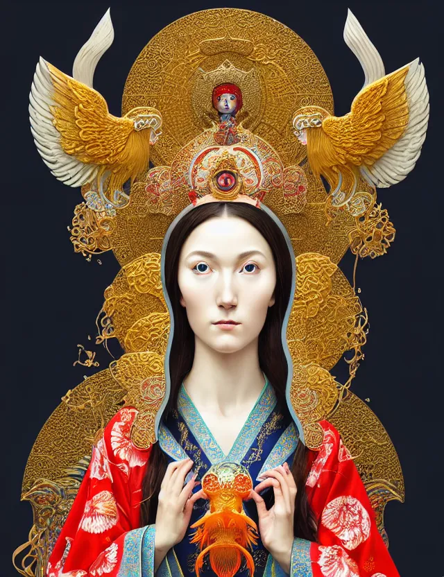 Image similar to 3 d goddess close - up profile portrait russian orthodox icon with ram skull. beautiful intricately detailed japanese crow kitsune mask and clasical japanese kimono. betta fish, jellyfish phoenix, bio luminescent, plasma, ice, water, wind, creature, artwork by tooth wu and wlop and beeple and greg rutkowski