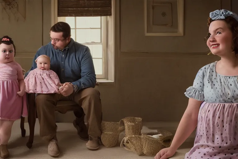 Prompt: charming and chubby parents and their baby girl, wearing a polka dot cloths and a victorian - style hairdo, sits in the large and bright studio. sunlight enters through the barred window. very realistic shiny skin. subsurface scattering shiny skin. beautiful lighting, 4 k post - processing, highly detailed, 5 k extremely detailed, 3 d. cinematic scene.