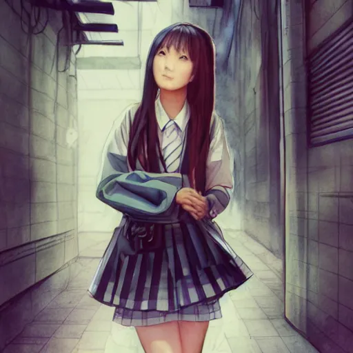 Prompt: a perfect, realistic professional digital sketch of a Japanese schoolgirl posing in a sci-fi alleyway, style of Marvel, full length, by pen and watercolor, fine details, by a professional American senior artist on ArtStation, a high-quality hollywood-style sketch, on high-quality paper