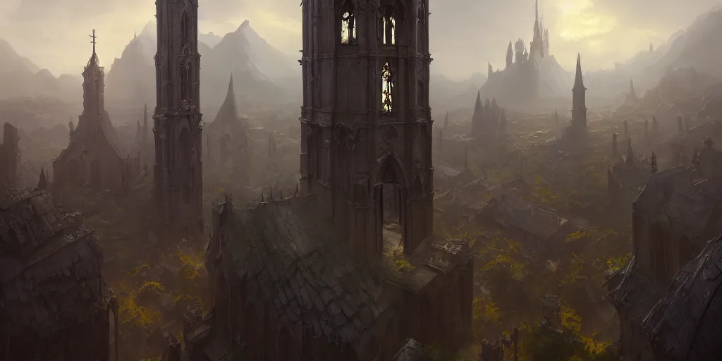 Image similar to gothic bell tower, view from above. in style of greg rutkowski, jesper ejsing, makoto shinkai, trending on artstation, fantasy, great composition, concept art, highly detailed, scenery, 8 k, behance.