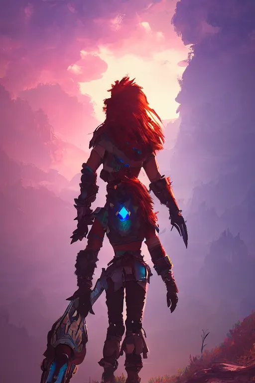 Image similar to combination suit armor aloy horizon forbidden west horizon zero dawn radiating a glowing aura global illumination ray tracing hdr fanart arstation by ian pesty and alena aenami artworks in 4 k tribal robot ninja mask helmet backpack