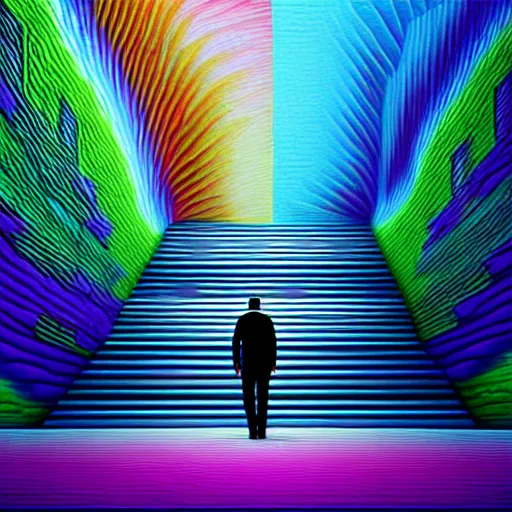 Prompt: photo - realistic, painting of a man walking alone in the boulevard of psychedelic dreams, trippy stairs in the background, hyper detail, sharp, in the style of beeple, mobeius, rule of thirds, unreal engine