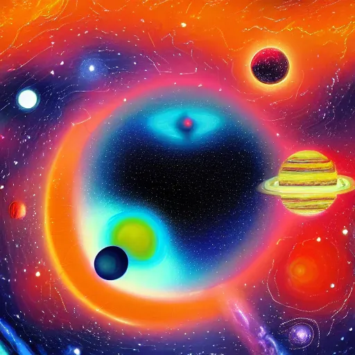 Prompt: A digital painting of a space scene, with stars, planets, and galaxies, in a surreal and psychedelic style.