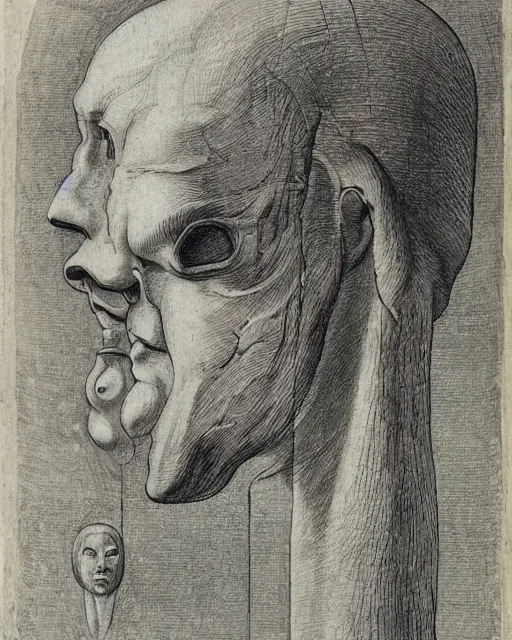 Prompt: head with three faces creature, drawn by da vinci