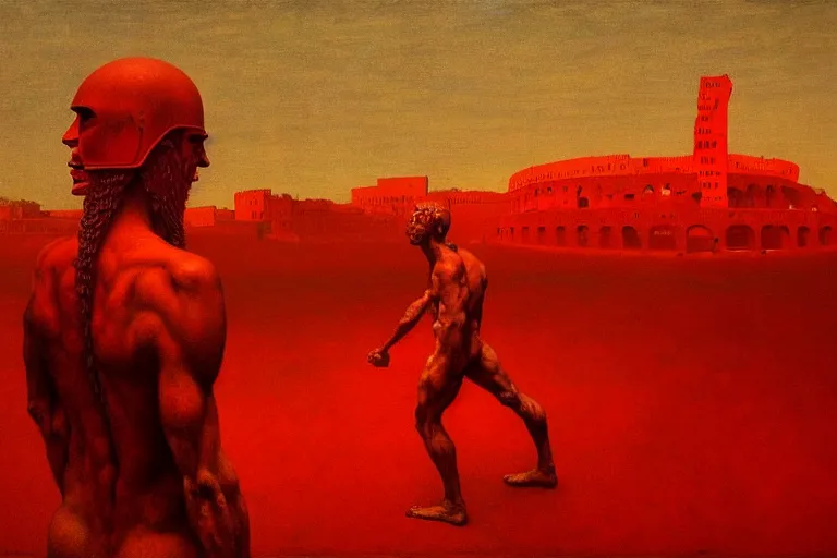 Image similar to only with red, caesar after war, the deal, a red tiger, in hoc signo vinces, rome in background, an ancient path, in the style of beksinski, part by hopper, part by rodcenko, part by hofbauer, intricate composition, red by caravaggio, insanely quality, highly detailed, masterpiece, red light, artstation