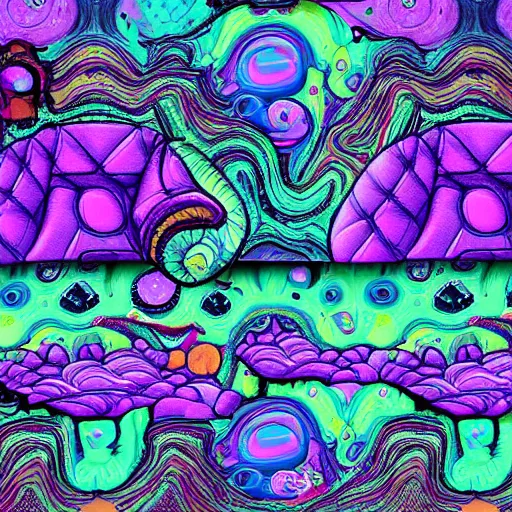 Prompt: psychedelic trippy couch in forest, planets, milky way, sofa, cartoon world, donserly brothers vs. the beef sisters, chesterfield, green, purple, blue, fight night