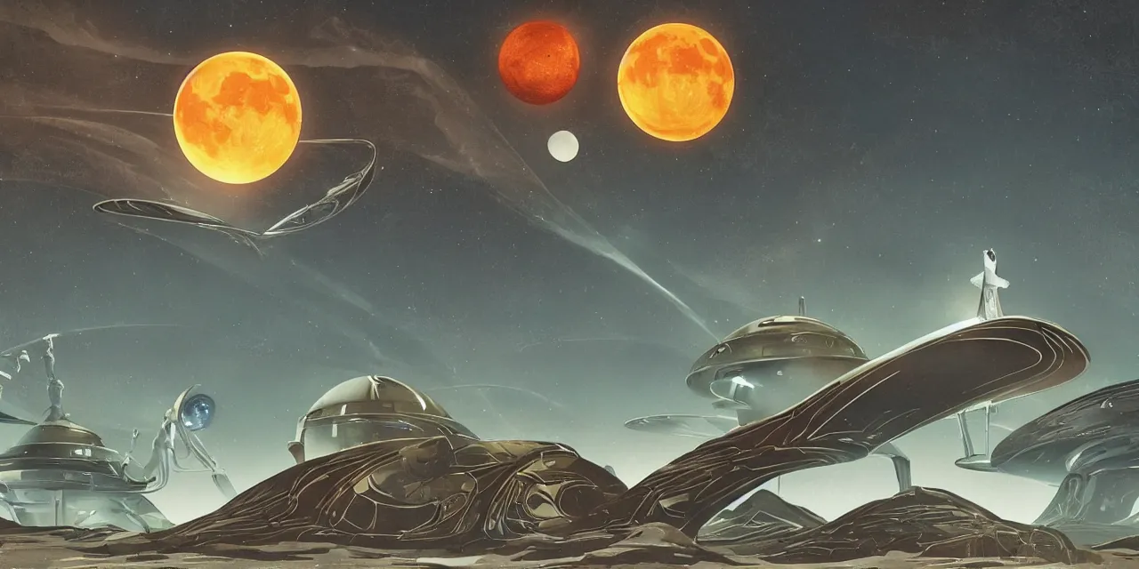 Prompt: surreal art deco designs, sci fi scene, alien landscape, flying saucer and moon rover