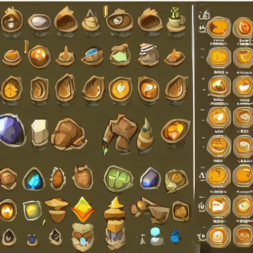 Prompt: A game assets spritesheet by Dofus Online. Containing modular props, terrain, trees, 2d side view, platform, vector art, very detailed