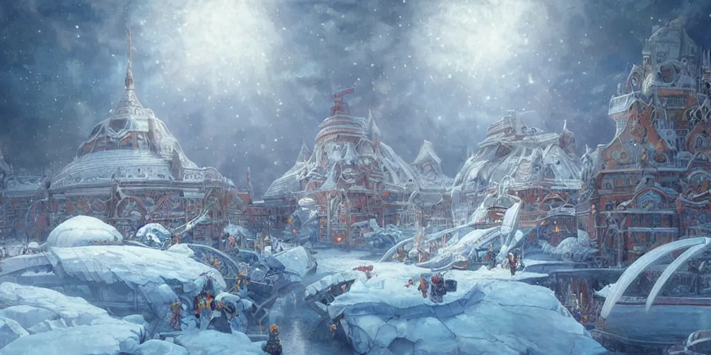 Image similar to North pole, snow, Gargantuan Mothership landing on ice, lasers attack on people and laboratories, wide angle, professional kodak lenses, magic, fire, face painting, dramatic lighting, intricate, wild, highly detailed, digital painting, artstation, concept art, smooth, sharp focus, illustration, art by artgerm and greg rutkowski and alphonse mucha, footage from space camera