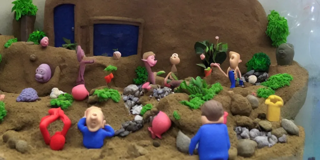 Prompt: plasticine model, clay figures. side view of tropical fish tank with sand and gravel wallace and gromit. tintin. where's wally. figures clay. water. aquatic photography. bubbles out of a shell