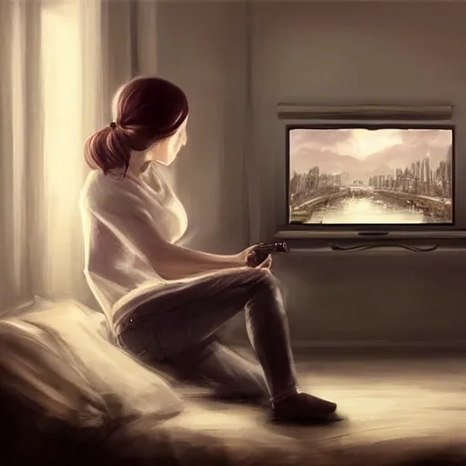 Prompt: Epic portrait a woman playing videogames in her room during nighttime, blurred backround, city window view, white t shirt and brown bang hair, digital painting, artstation, concept art, soft light, hdri, smooth, sharp focus, illustration, fantasy, intricate, elegant, highly detailed, D&D, matte painting, in the style of Greg Rutkowski and Alphonse Mucha and artemisia, 8k, highly detailed, jurgens, rutkowski, bouguereau, pastoral, rustic, georgic