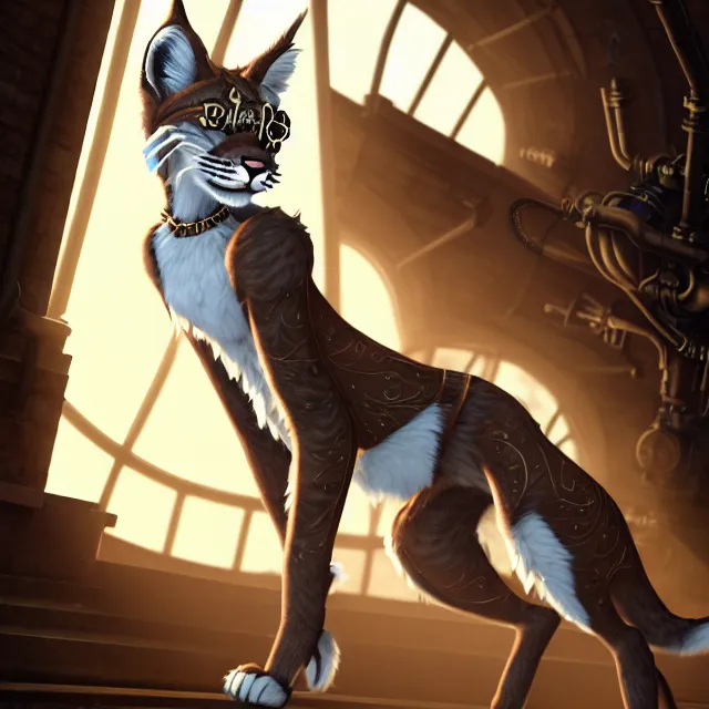 Image similar to the full body of anthropomorphic lynx fursona wearing a steampunk suit as unimaginably beautiful, gorgeous, elegant, young lynx, an ultrafine hyperdetailed illustration by furaffinity, intricate linework, white fur, unreal engine 5 highly rendered, global illumination, radiant light, detailed and intricate environment