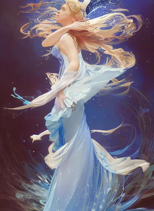 Image similar to cinderella, blue, splash aura in motion, floating pieces, painted art by tsuyoshi nagano, greg rutkowski, artgerm, alphonse mucha, spike painting