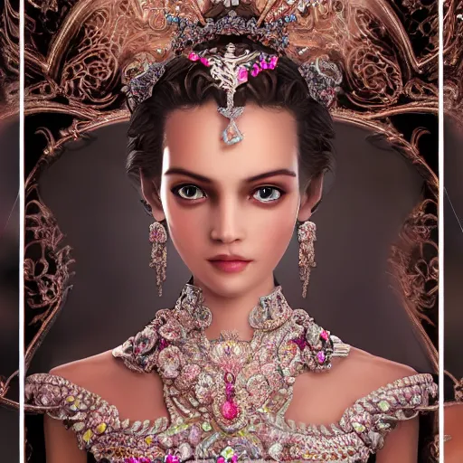 Image similar to portrait of pretty princess with perfect skin, beauty, glowing, ornate and intricate diamond jewelry, jaw dropping, ornate and intricate backdrop, white accent lighting, hyper detailed, 4 k octane render