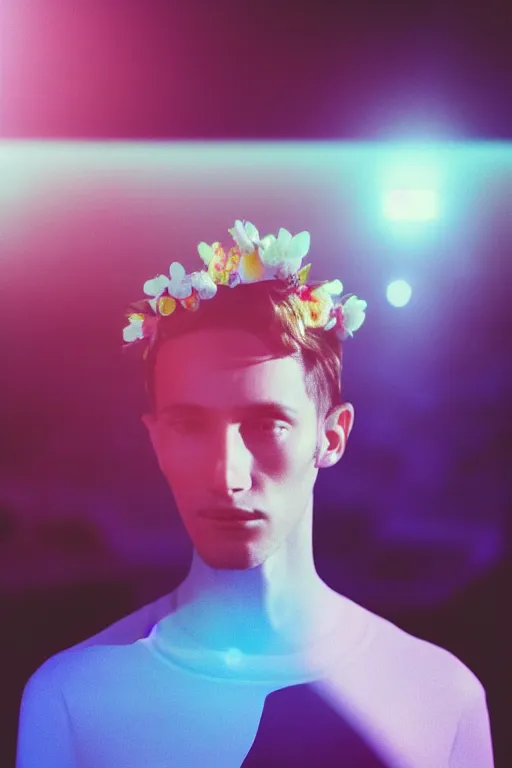 Prompt: agfa vista 4 0 0 photograph of a skinny guy on a spaceship, futuristic, synth vibe, vaporwave colors, lens flare, flower crown, back view, moody lighting, moody vibe, telephoto, 9 0 s vibe, blurry background, grain, vintage, tranquil, calm, faded!,