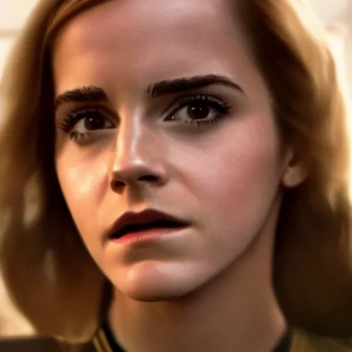 Image similar to Emma Watson in Star Trek, XF IQ4, f/1.4, ISO 200, 1/160s, 8K, Sense of Depth, color and contrast corrected, unedited, Dolby Vision, symmetrical balance, in-frame