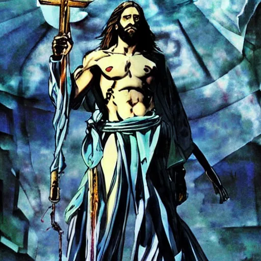 Prompt: jesus in a jojo dramatic pose, artwork by yoji shinkawa