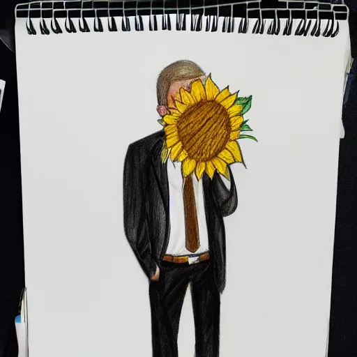 Image similar to full body shot of a man with a sunflower instead of a head wearing a business suit, color pencil sketch