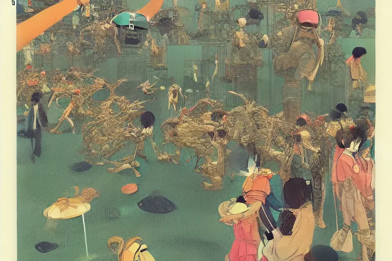 Image similar to gigantic dragonflies with human faces catch tiny robots, a lot of exotic mechas robots around, human heads everywhere, risograph by kawase hasui, dirtyrobot, edward hopper, satoshi kon and moebius, colorful flat surreal design, super - detailed, a lot of tiny details, fullshot