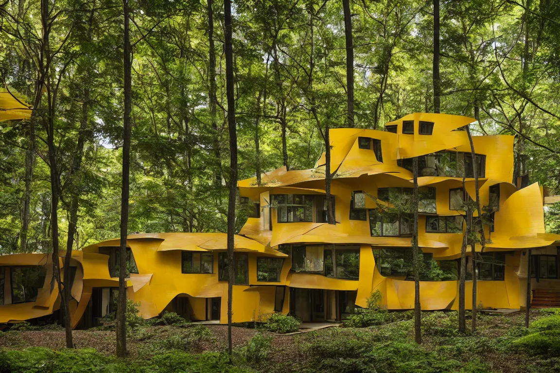 Image similar to a mid century modern house in a forest, designed by Frank Gehry. Big Tiles . Film grain, cinematic, yellow hue