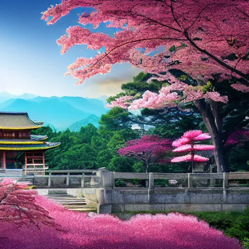 Prompt: landscape japanese house, japanese temple, cherry blossom samurai scene jurgens digital art, golden ratio, art canvas, award winning, masterpiece artstation 8 k 1 5 0 mpx