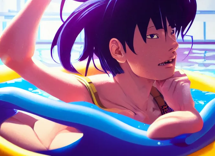 Image similar to closeup portrait of kyoka jiro from my hero academia relaxing in jeans and a t - shirt on a floating pool chair, sunny, bright, reflections, intricate, sharp focus, lens flare, bloom, illustration, highly detailed, digital painting, concept art, matte, art by ruan jia and wlop and greg rutkowski, masterpiece