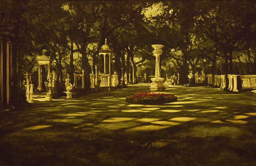 Image similar to virtuoso painting royal garden design by andre le notre intact flawless ambrotype from 4 k criterion collection remastered cinematography gory horror film, ominous lighting, evil theme wow photo realistic postprocessing divisionism painting by claude gellee