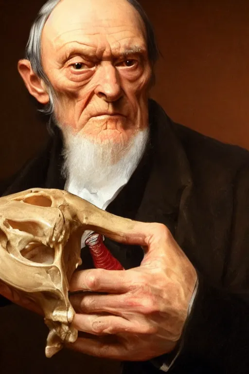 Image similar to photo of Sir Richard Owen holding moa bone in his hand in London 1851 , ultra realistic , sharp-focus , photo realism , with depth of field, symmetrical faces, rule of thirds , renderman , hd, ultra-hd,