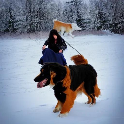 Image similar to girl riding giant Bernese Mountain Dog in the snow, trending on artstation