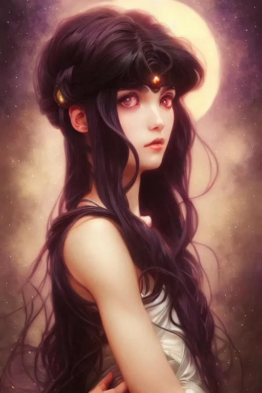 Image similar to a beautiful girl with long dark hair and bangs, sailor moon aesthetic, fantasy, intricate, elegant, highly detailed, digital painting, artstation, concept art, matte, sharp focus, illustration, art by Artgerm and Greg Rutkowski and Alphonse Mucha