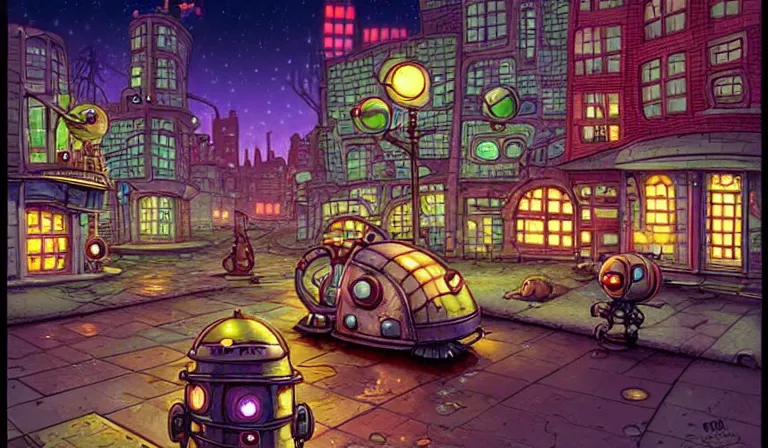 Image similar to fantasycore street view of 1950s machinarium cityscape at night by michael whelan and naomi okubo and dan mumford. cute 1950s robots. cel-shaded. glossy painting.