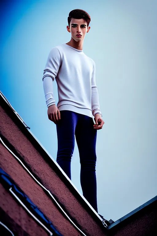 Image similar to un ultra high definition studio quality photographic art portrait of a young man standing on the rooftop of a british apartment building wearing soft padded silver pearlescent clothing. three point light. extremely detailed. golden ratio, ray tracing, volumetric light, shallow depth of field. set dressed.