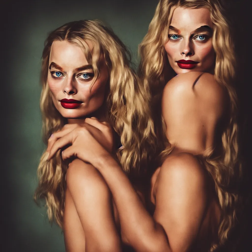 Image similar to portrait photography of Margot Robbie in style of Caravaggio, dramatic colors scheme, fine art photography, dramatic background,