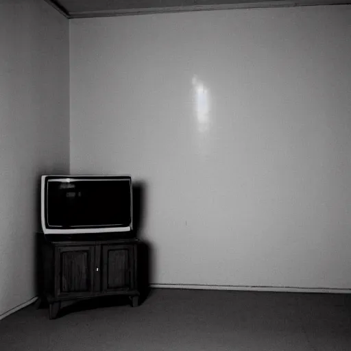 Image similar to Photograph of an empty room with a TV playing static at night, dusty, wood cabinets, extremely dark room, pitch black, sleep paralysis demon in corner, taken using a film camera with 35mm expired film, bright camera flash enabled, slightly foggy, award winning photograph, creepy, liminal space