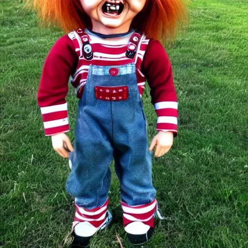 Image similar to Chucky the killer doll standing in the yard