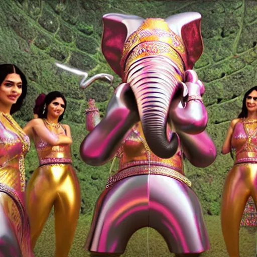 Image similar to 1 9 7 0's bollywood movie octane render, weta digital, cinema 4 d, an elephant wearing a silver latex suit and an iridescent metal helmet surrounded by women dancing in colorful flowing intricate dresses on a tropical alien planet