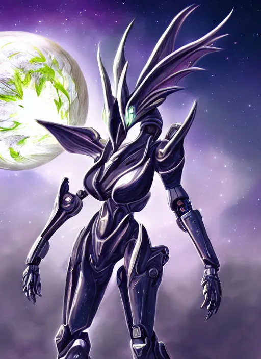 Image similar to goddess shot, galactic sized stunning beautiful anthropomorphic robot mecha female dragon, in space, larger than planets, posing elegantly, holding earth in sharp hand, detailed silver armor, epic proportions, epic scale, ultra detailed digital art, furry art, macro art, dragon art, giantess art, warframe fanart, furaffinity, deviantart, realistic