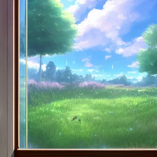 Image similar to a heavenly dream view from the interior of my cozy meadow of dream power-lines from a Makoto Shinkai oil on canvas inspired pixiv dreamy scenery art majestic fantasy scenery cozy window frame fantasy pixiv scenery art inspired by magical fantasy exterior