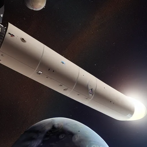 Image similar to spacex starship in orbit around jupiter, io is in the background, computer render, 3 d render, animation, concept, high quality