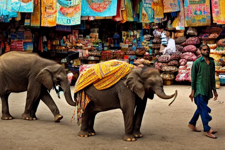 Image similar to cinematography elephant walking through Indian market by Emmanuel Lubezki