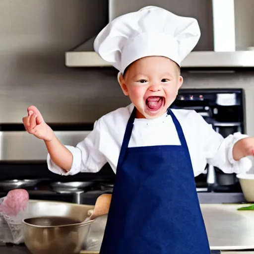 Image similar to tiny and innocent baby yoda appears as a chef wearing a white chefs hat and apron in a beautiful kitchen, preparing some food