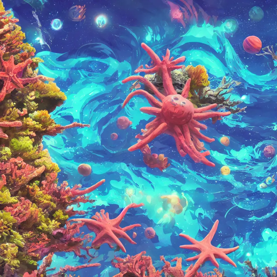 Prompt: album art, anime visuals, of an alien planet made out of different coloured corals, with big starfish, creatures, rocky landscape, floating waterfalls, omni magazine