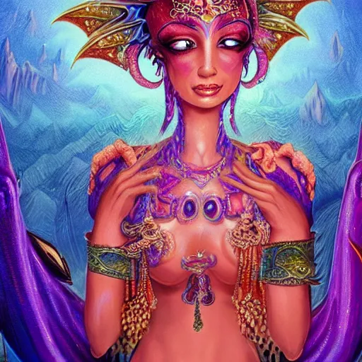 Prompt: photo of a cute female bellydancer dragon with 6 arms, anthropomorphic dragon, sharp focus, illustration, ultra real, masterpiece, glowing holy aura by magali villeneuve and magali villeneuve