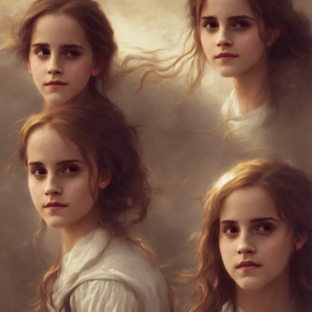 Image similar to Painting of Emma Watson as Hermione Granger. Prisoner of Azkaban. Cheerful. Happy. Art by william adolphe bouguereau. During golden hour. Extremely detailed. Beautiful. 4K. Award winning.