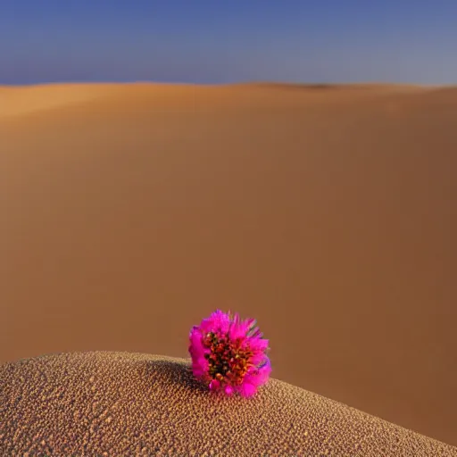 Image similar to a single small pretty desert flower blooms in the middle of a bleak arid empty desert, sand dunes, clear sky, low angle, dramatic, cinematic, tranquil, alive, life.