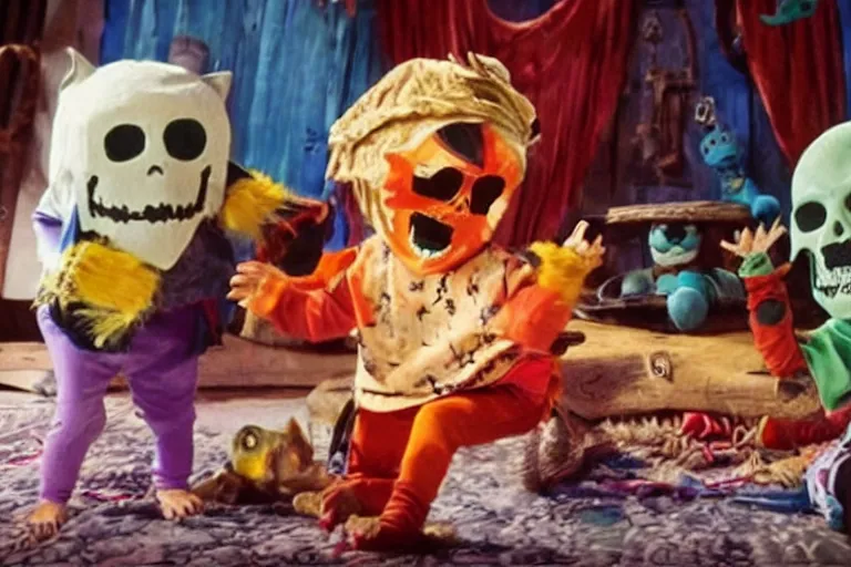 Prompt: a full color still frame from a freaky live action kids tv show about pirate kitten, skull puppet and a sad dumb ghost, tickle fight